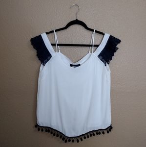 Alice Blue Feminine Crochet Sleeve Pom Pom Accent Cold Shoulder Top